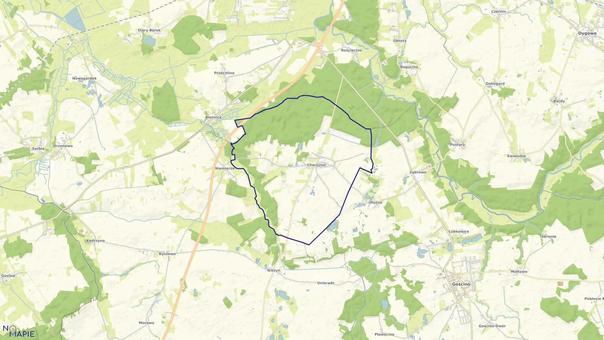 Mapa obrębu Charzyno w gminie Siemyśl