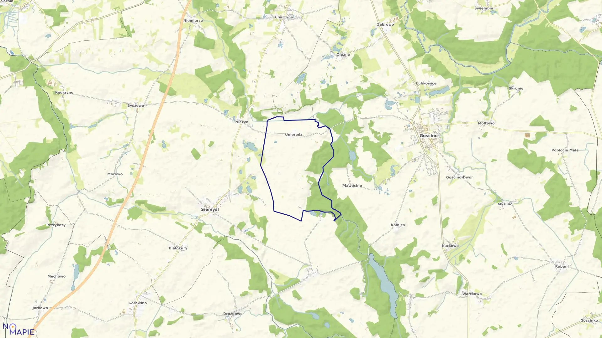 Mapa obrębu Unieradz w gminie Siemyśl